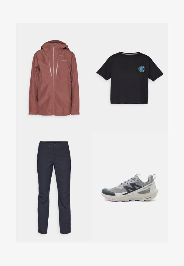 Patagonia TRIOLET JACKET - Giacca hard shell - dulse mauve; T-shirt nera in cotone a maniche corte con un logo circolare multicolore sul petto. Orlo dritto e vestibilità comoda.; Pantaloni blu navy realizzati in tessuto liscio, con chiusura frontale a bottone, design slim-fit e pieghe decorative sulle ginocchia.; Scarpa da corsa Salomon in grigio e blu navy con una tomaia in mesh traspirante, punta in gomma e suola testurizzata con accenti di lavanda.