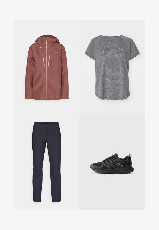 Patagonia TRIOLET JACKET - Hardshell striukė - dulse mauve; Pilkas trumpas rankovėmis marškinėliai su subtiliu tekstūriniu raštu, apvalia iškirpte ir Columbia logotipu ant krūtinės. Minkšta medžiaga, laisvas kirpimas.; Tamsiai mėlynos kelnės, pagamintos iš lygaus audinio, su priekiniais mygtukais, lieknos silueto ir raukšlėmis ant kelių.; Columbia PEAKFREAK - Turistiniai batai - black