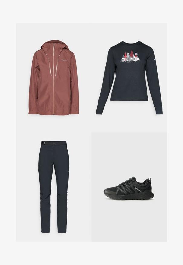 Patagonia TRIOLET JACKET - Casaco impermeável - dulse mauve; Camisa de mangas longas cinza escuro com um gráfico de árvores vermelhas e montanhas; logótipo "COLUMBIA" em texto branco em negrito. Tecido suave, cuello redondo padrão.; Calças de exterior para homens, cinza escuro, feitas de material flexível, com cinto, bolsos com fecho éclair e costuras reforçadas.; Columbia PEAKFREAK - Sapatos de caminhada - black