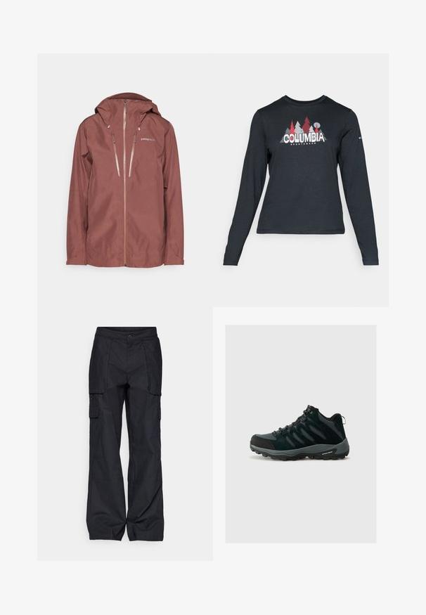 Patagonia - Kurtka hardshell; Długie rękawy, ciemnoszara koszula z grafiką czerwonych drzew i gór; logo "COLUMBIA" w wyraźnym białym tekście. Miękka tkanina, standardowy okrągły dekolt.; Columbia - Długie spodnie trekkingowe; Columbia REDMOND czarny