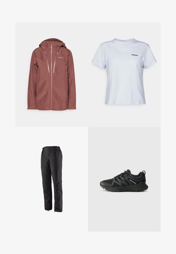 Patagonia TRIOLET JACKET - Hardshelljacke - dulse mauve; Helles blaues Baumwoll-T-Shirt mit kurzen Ärmeln, Rundhalsausschnitt und kleinem schwarzem Logo mit der Aufschrift "patagonia" auf der linken Brust.; Schwarze wasserdichte Hose mit elastischem Bund, seitlichen Reißverschlusstaschen, schmal zulaufendem Bein und glatter Textur. Geeignet für Outdoor-Aktivitäten.; Columbia PEAKFREAK - Hikingschuh - black