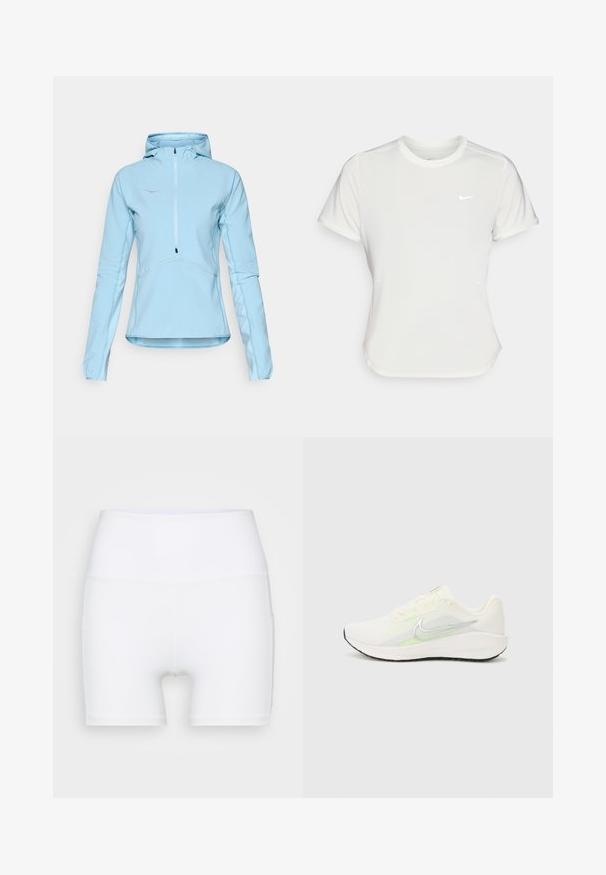 Gaiši zils džemperis ar kapuci, priekšējais rāvējslēdzis, garas piedurknes, teksturēta auduma un kontrastējošas šuves. Iekļauta maza logo uz krūtīm.; Nike t-krekls baltā krāsā, īsām piedurknēm, ar apaļu kakla izgriezumu, izgatavots no gludas, vieglas auduma. Uz krūtīm ir diskreta logo.; Baltā krāsā augsto jostasvietu šorti, izgatavoti no elastīga auduma. Raksturīga gluda virsma un pieguļoša piegriezuma forma, bez papildu rakstiem vai detaļām.; Nike Performance DOWNSHIFTER 13 - Apavi skriešanai pa asfaltu - sail/silver-coloured photon dust/summit white/barely volt/black