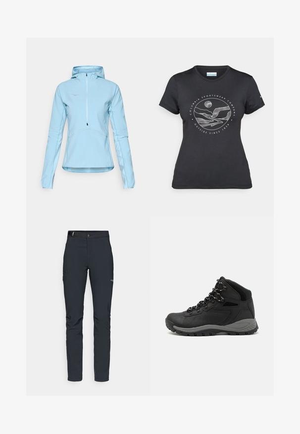 Heleheles sinfuline sinine kapuutsiga jakk, ees lukk, pikad varrukad, tekstuurne kangas ja vastandvärvide õmblused. Rinnal on väike logo.; Musternine Columbia T-särk mustas värvuses, millel on valge ümmargune mägi ja jõe joonistus ning tekst "Columbia Sportswear Company Outside Since 1938."; Meeste välkpüksid, tumehallid, valmistatud paindlikest materjalidest, vöökohaga, tõmblukuga taskud ja tugevdatud õmblused.; Mustarjaline matkasaabas, millel on keskmine disain, tekstuuriga ülemine osa, hallid aktsendid ja vastupidav kummist põhi, millel on haardelugesid.