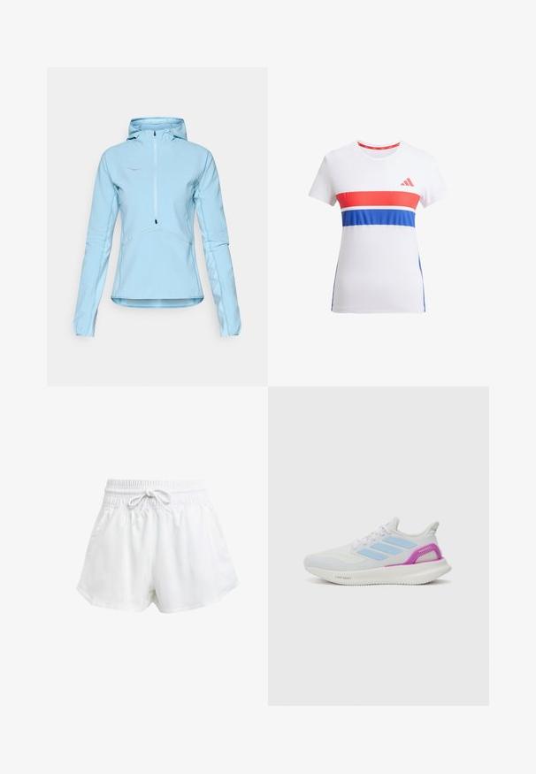 Giacca pullover blu chiaro con cappuccio, zip frontale, maniche lunghe, tessuto testurizzato e cuciture a contrasto. Include un piccolo logo sul petto.; T-shirt atletica bianca con strisce orizzontali rosse e blu, colletto rotondo, maniche corte e un logo sul petto.; Pantaloni sportivi bianchi con cintura elastica e cordino regolabile. Realizzati in materiale leggero, presentano tasche laterali e una vestibilità ampia.; adidas Performance PUREBOOST 5 - Scarpe da corsa su strada - white/glow blue/purple burst