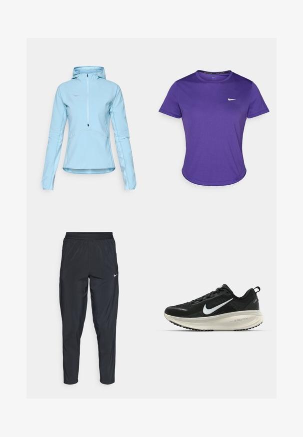 Απαλή γαλάζια ζακέτα με κουκούλα, μπροστινό φερμουάρ, μακριά μανίκια, υφασμάτινη υφή και αντίθετη ραφή. Περιλαμβάνει ένα μικρό λογότυπο στο στήθος.; Μωβ αθλητική μπλούζα φτιαγμένη από ύφασμα που απορροφά την υγρασία, με κοντά μανίκια και στρογγυλή λαιμόκοψη. Μικρό λευκό λογότυπο στο στήθος.; Μαύρο αθλητικό παντελόνι με ελαστική μέση, κομμένη σε σχήμα κώνου και μικρό λευκό λογότυπο στο αριστερό μηρό. Ελαφρύ, λείο ύφασμα.; Μαύρο αθλητικό παπούτσι Nike με αναπνεύσιμο μανίκι από ύφασμα, λευκό λογότυπο swoosh, ανάγλυφη λεπτομέρεια και μεσαία σόλα ZoomX σε κρέμα απόχρωση.