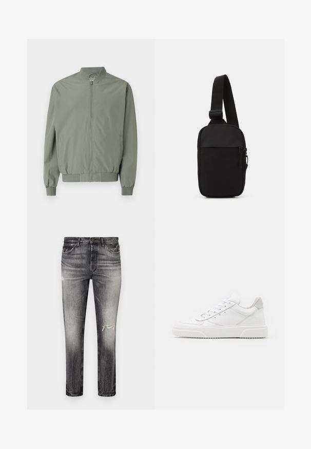 Casaco bomber verde claro feito de um tecido liso e leve. Apresenta um fecho à frente, gola, punhos e bainha canelados, com bolsos laterais.; Sweatshirt bege com gola alta e fecho de meia-zíper. Apresenta punhos e bainha canelados, com um logótipo discreto no peito. Textura suave.; Jeans de denim preto desbotado com corte reto, apresentando áreas desgastadas, bolsos frontais e um fecho clássico de botão.; Ténis brancos em pele com acabamento suave, biqueira arredondada, atacadores planos e sola texturizada. Acento em camurça cinza na parte do calcanhar.; Bolsa de ombro preta feita de tecido durável, apresentando uma única alça ajustável, um compartimento principal com fecho de correr e um bolso frontal.