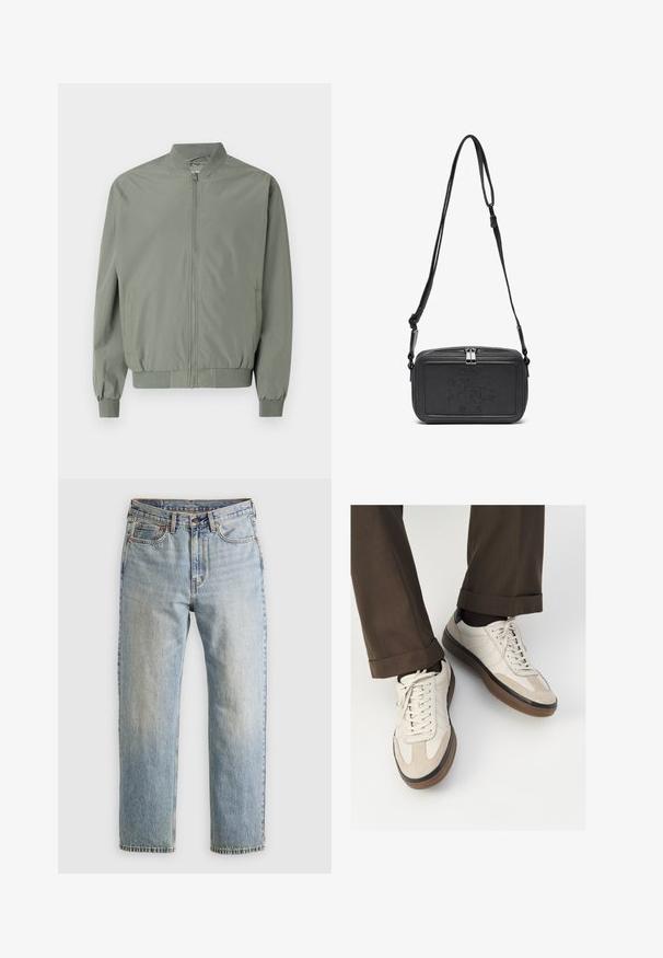Light green bomber jacket made of smooth, lightweight fabric. Features a front zipper, ribbed collar, cuffs, and hem, with side pockets.; Light gray sweater featuring long sleeves, a crew neckline, knitted texture, and a simple design with a small logo above the left shoulder.; Light blue denim jeans with high waist, front button, zipper, and five-pocket design, laid flat on a neutral background.; Beige sneakers with a textured suede front, smooth leather sides, and a brown rubber sole. Laces and light stitching detail included.; Black leather crossbody bag with a zip closure, embossed logo on the front, and adjustable strap. Smooth texture with a rectangular shape.