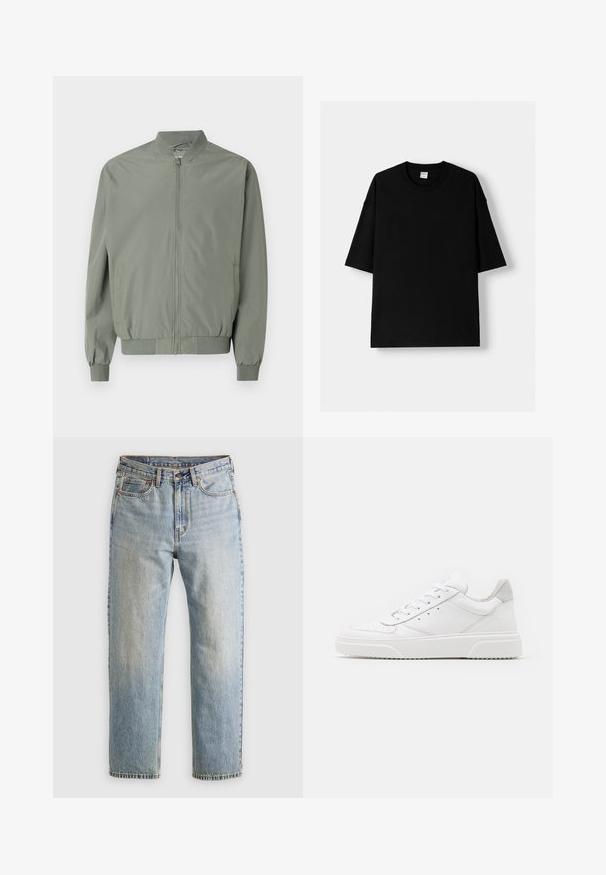 Lichtgrüne Bomberjacke aus glattem, leichtem Stoff. Sie verfügt über einen Frontreißverschluss, einen gerippten Kragen, Bündchen und Saum sowie seitliche Taschen.; Schwarzes Baumwoll-T-Shirt mit kurzenÄrmeln, Rundhalsausschnitt und lockerer Passform. Glatte Textur und minimalistisches Design, ohne Muster oder Akzente.; Helle blaue Jeans mit hoher Taille, Frontknopf, Reißverschluss und fünf Taschen-Design, flach auf einem neutralen Hintergrund ausgelegt.; Weiße Leder-Sneaker mit glatter Oberfläche, rundem Zehenbereich, flachen Schnürsenkeln und strukturiertem Schuhsohlen. Graues Wildleder-Detail an der Ferse.