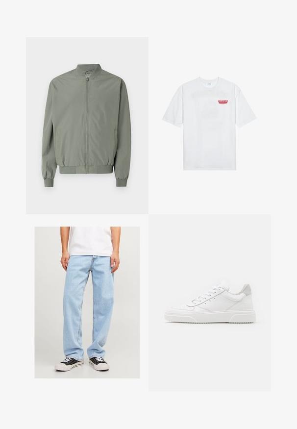 Vaaleanvihreä pommittajakotelo, joka on valmistettu sileästä ja kevyestä kankaasta. Varustettu edessä vetoketjulla, ribbireunuksilla kauluksessa, hihoissa ja helmassa, sekä sivutaskuilla.; Valkoinen puuvillapaita, jossa on lyhyet hihat, pyöreä kaula-aukko ja etupuolella punainen grafiikkateksti "HERKULLINEN RAJAAKASI HEDELMÄ".; Vaaleansiniset farkut rentoa istuvuutta, suorat lahkeet ja tavallinen ommel, yhdistettynä mustiin lenkkareihin.; Valkoiset nahkakengät, joissa on sileä pinta, pyöreä kärki, litteät nauhat ja teksturoitu pohja. Harmaa mokkanahka korostaa kantapäätä.