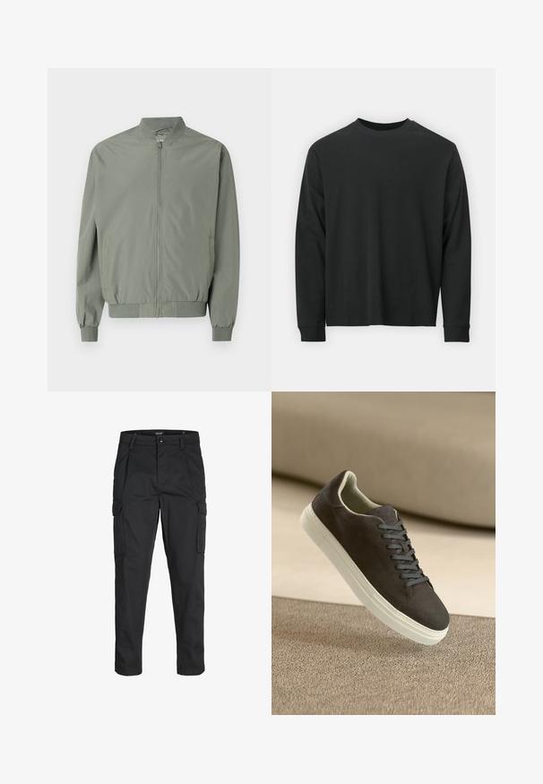 Kergelt roheline bomber-jakk, mis on valmistatud siledast ja kergekaalulisest kangast. Omab eesmine tõmblukk, ribakrae, varrukate ja hemmi soonikud ning külgtaskud.; Pika pikkade varrukatega must T-särk, mis on valmistatud puuvillast, ümarate kaelustega, lohvaka lõikega ja soonikute mansettidega. Sujuv tekstuur, ilma nähtavate mustriteta.; Mustad mustapõlvik, mis on valmistatud tugeva koe kasutades, sisaldab mitmeid taskuid, nupule kinnitatav sulgemine ja kitsenev disain.; Tumehallid nahkkingad sobivate paeltega ja valge kummitald, asetatud tekstuurse beeži pinna kohal pehme taustaga.