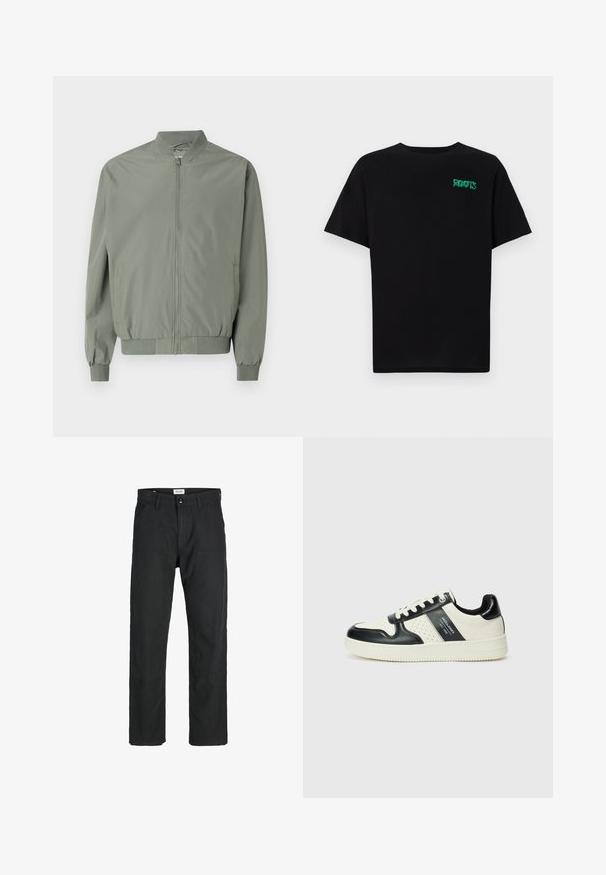 Svetlo zelena bomber jakna, izdelana iz gladkega in lahkega materiala. Ima sprednji zadrgo, rebrasto ovratnik, manšete in rob, ter stranske žepe.; Črna majica iz bombaža z kratkimi rokavi. Na sprednji strani ima zeleno logotip "ROOTS", okroglo ovratnico in standardno prileganje.; Črne hlače iz trpežnega materiala, s krojem naravnih nog, našitki ter dvema sprednjima žepoma za funkcionalnost.; Usnjeni športni čevlji z črno in krem barvno shemo, ki vključujejo perforirane dodatke, podložen ovratnik in strukturirano podplat.