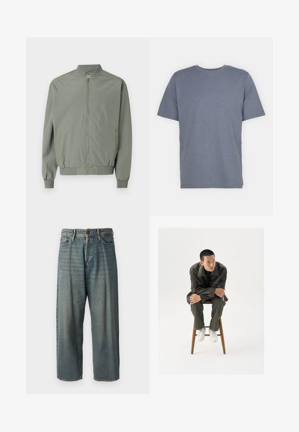 Casaco bomber verde claro feito de um tecido liso e leve. Apresenta um fecho à frente, gola, punhos e bainha canelados, com bolsos laterais.; T-shirt cinza de manga curta com gola redonda, feita de um tecido suave em mistura de algodão. Design simples, sem padrões ou detalhes.; Jeans de ganga azul claro com um corte solto, cintura média e pernas retas. Apresenta cinco bolsos, passadores de cinto e fecho com botão.; Jaqueta de couro castanha com um colarinho largo, combinada com calças jeans verde-escuras e ténis brancos. O modelo está sentado em um banco de madeira.