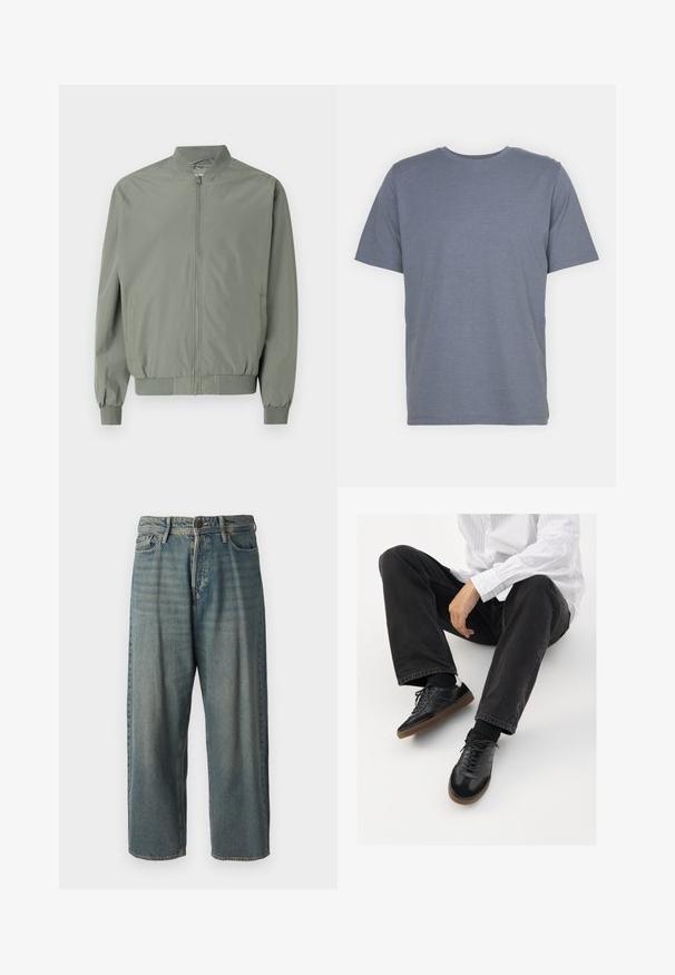 Light green bomber jacket made of smooth, lightweight fabric. Features a front zipper, ribbed collar, cuffs, and hem, with side pockets.; Gray short-sleeve T-shirt with a round neck, made of soft cotton blend fabric. Simple design, no patterns or accents.; Light blue denim jeans with a loose fit, mid-rise waist, and straight legs. Features five pockets, belt loops, and a button closure.; Black sneakers with a smooth and textured upper, featuring a rubber sole and dark laces. Paired with black jeans and a white striped shirt.