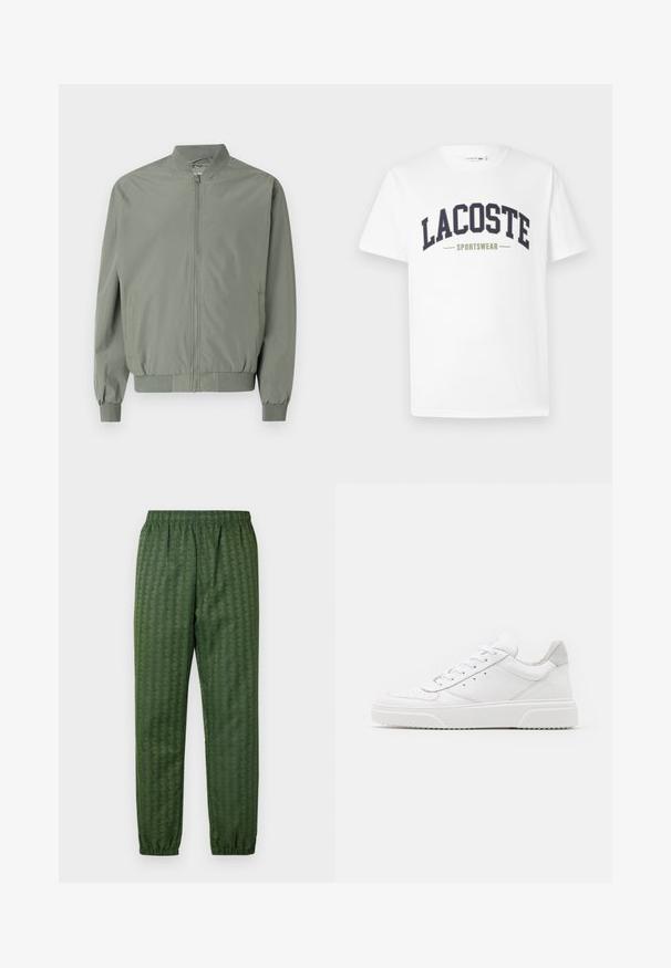 Svetlozelená bomber bunda vyrobená z hladkej, ľahkej látky. Má predný zips, rebrovaný golier, manžety a spodný lem, s bočnými vreckami.; Biela tričko vyrobené zo 100% bavlny, na ktorom je cez hrudník potlačený logo "LACOSTE SPORTSWEAR" v námorníckej modrej a olivovej zelenej farbe, a to v zakrivenom dizajne.; Zelené športové nohavice s elastickým pásom, zúženými nohavicami a celoplošným geometrickým vzorom. Vyrobené z ľahkého materiálu.; Biele kožené tenisky s hladkým povrchom, zaoblenou špičkou, plochými šnúrkami a textúrovanou podrážkou. Sivý semišový akcent na päte.