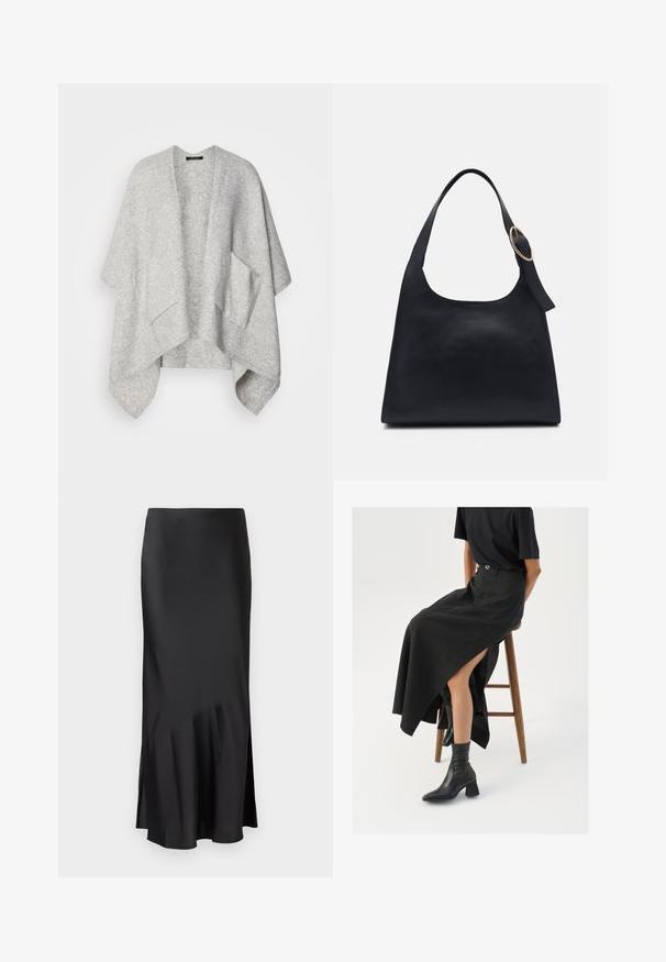 Světle šedý otevřený kardigan vyrobený z měkké látky. Má široké rukávy a dvě přední kapsy. Hladká textura a uvolněný střih.; Bílá košile s dlouhými rukávy, límečkem, knoflíkovým zapínáním a detailním zkrouceným uzlem na lemu. Hladký materiál s volným střihem.; Černá saténová midi sukně s elegantním designem, která má mírný rozšířený lem a boční rozparek pro pohodlný pohyb. Hladká textura.; Černá maxi sukně z lnu s vysokým rozparkem, nošená s černým tričkem a černými kotníkovými botami. Minimalistický design s volným střihem.; Černá kožená taška přes rameno s hladkým povrchem, zaobleným tělem a jedním ramenním popruhem s kulatým zlatým kováním.