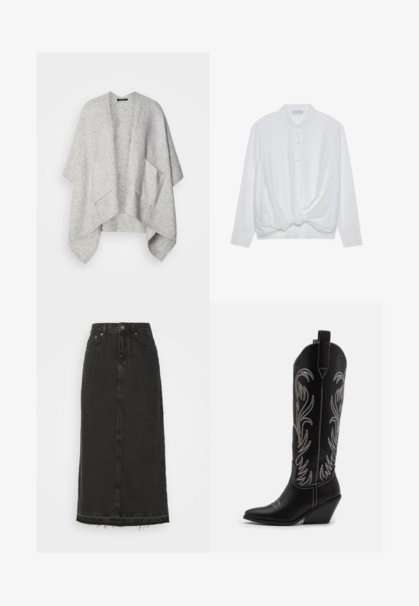 Lys grå åpen front cardigan laget av mykt stoff. Har vide ermer og to frontlommer. Glatt tekstur med en avslappet passform.; Hvit langermet skjorte med krage, knappelukking foran og vridd knutedetalj nederst. Glatt stoff med en avslappet passform.; Svart denim midi-skjørt med tett liv, frontlukking med knapper og slitt hem. Har klassisk fem-lomme-design og lett tekstur.; Sorte lær cowboy støvler med spidse tæer, kilehæle og sølv broderede blomstrer mønstre langs skaftet. Kontrast syning hele vejen igennem.