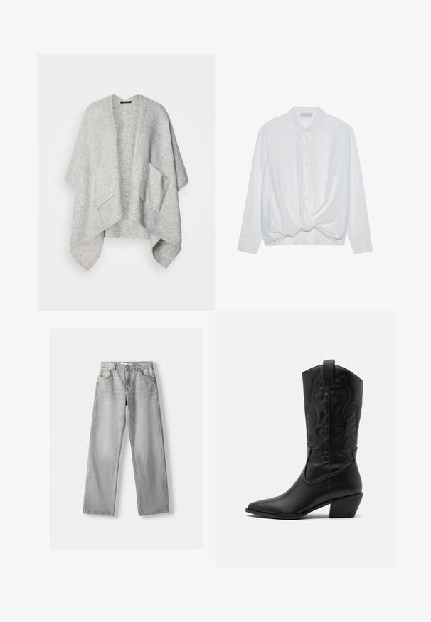 Světle šedý otevřený kardigan vyrobený z měkké látky. Má široké rukávy a dvě přední kapsy. Hladká textura a uvolněný střih.; Bílá košile s dlouhými rukávy, límečkem, knoflíkovým zapínáním a detailním zkrouceným uzlem na lemu. Hladký materiál s volným střihem.; Světle šedé džíny z denimu se střihy rovného nohavice, které mají dvě přední kapsy, zapínání na knoflík a jemné vyblednutí pro texturu.; Černá kožená kovbojská bota s špičatou špičkou, vytlačenými spirálovými vzory a středně vysokým podpatkem. Obsahuje poutko pro snadné obouvání.