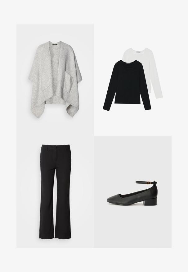 Lys grå åben cardigan lavet af blødt stof. Har brede ærmer og to forlommer. Glat tekstur med en afslappet pasform.; To lange skjorter med lange ærmer, en sort og en hvid, begge med firkantet halsudskæring og lavet af blødt, strækbart stof.; Sorte bomuldsblandede bukser med lige ben-design, frontknaplukning og to sidelommer. Glat tekstur, ingen synlige mønstre.; Sorte læderpumper med spids tå og en lav blokhæl. Har en ankelrem med en guldfarvet spænde. Glat tekstur.