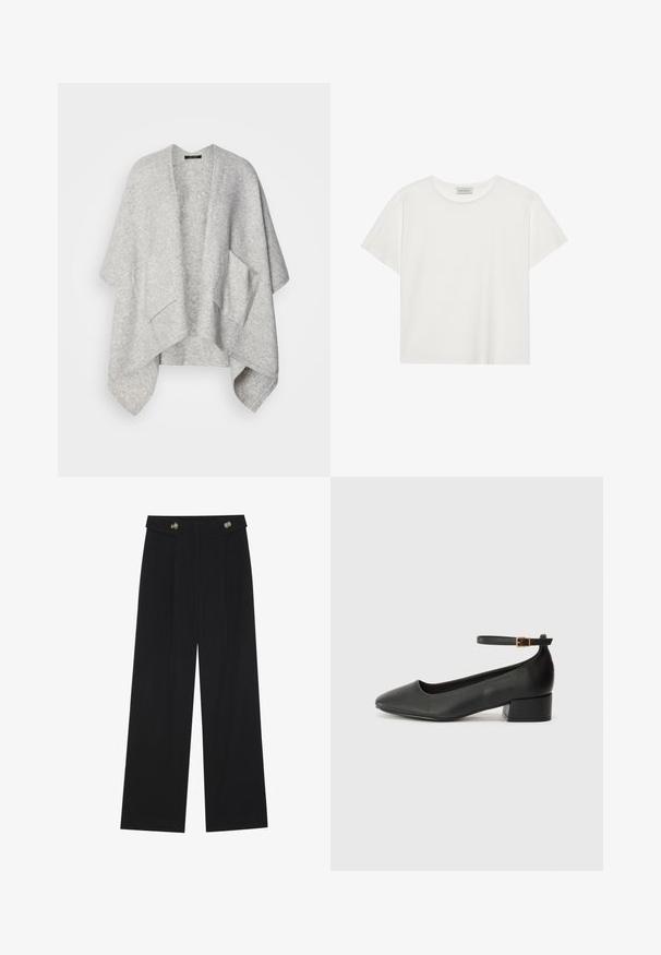 Světle šedý otevřený kardigan vyrobený z měkké látky. Má široké rukávy a dvě přední kapsy. Hladká textura a uvolněný střih.; Bílé tričko s krátkým rukávem vyrobené z měkké bavlny. Má kulatý výstřih a volný střih. Čistý design bez viditelných vzorů nebo akcentů.; Černé široké kalhoty s vysokým pasem, detailní knoflíky na pase a přední záhyby.; Černé kožené lodičky s špičatou špičkou a nízkým blokovým podpatkem. Obsahují pásek kolem kotníku se zlatou sponou. Hladký povrch.