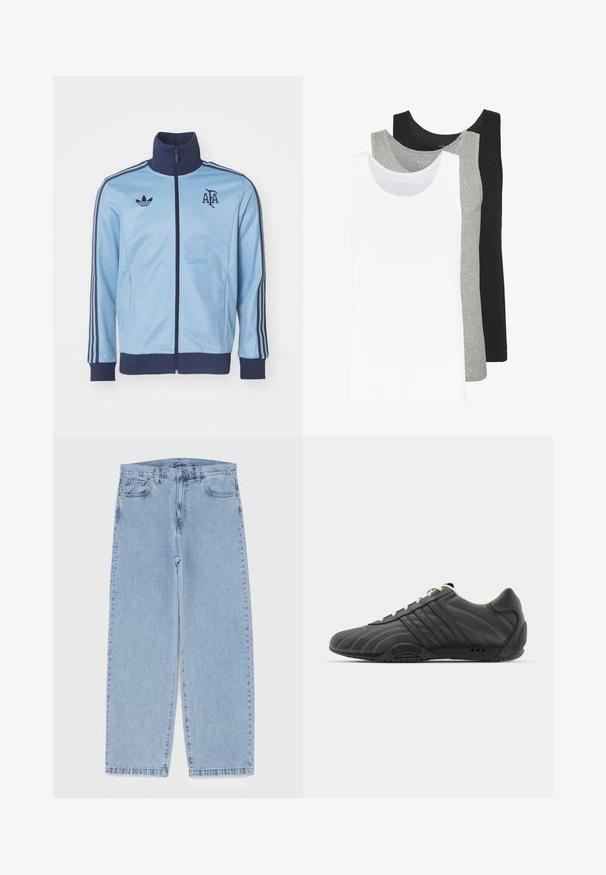 Lyseblå trackjakke med marineblå detaljer, høy krage, glidelås og tre striper på hver erme. Har logo på brystet.; Tre tank topper i hvit, grå og svart. Hver av dem har et klassisk ermeløst design, laget av lett bomullsstoff med en ribbestruktur.; Lyseblå denimjeans med rett ben-design, med mid-rise liv, fem lommer og knap og lynlås lukning.; adidas Originals ADIRACER UNISEX - Joggesko - core black/cream white