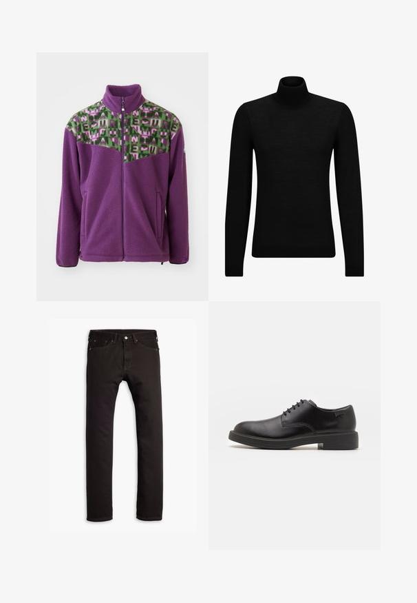 Lilla fliisjakker, millel on roheline ja roosa geomeetrilise mustriga õlaosa. Sisaldab kõrget krae ja lukuga eesmist osa, samuti kahte küljetaskut.; Musthave muströid ja pehmest materjalist must turtleneck, millel on pikad varrukad ja tihe istuvus. Ribaga ääris allservas ja vöökohal. Lihtne disain.; Mustad musta värvi slim-fit teksad viie taskuga ja nööbiga kinnitamine, laidudena valgel taustal.; Must beemel levalis kingad ümarate varvastega, sileda pinnaga, minimaalsete õmblustega ja madala kummist kontsaga. Logo kontsa peal.