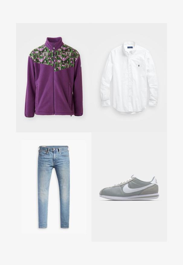 Džemper od flisa u ljubičastoj boji, sa zelenim i ružičastim geometrijskim uzorkom na prednjem dijelu. Ima visoki ovratnik i prednje zatvaranje na munju, te dva bočna džepa.; Bijela košulja dugih rukava s gumbima izrađena od pamuka. Ima klasični ovratnik, gumbaste manžete i mali brodasti logo u tamnoplavoj boji na prsima.; Svijetloplave uske traperice s laganim izblijedjenjem na bedrima, prednje kopčanje na dugme, petlje za remen i pet džepova na bijeloj pozadini.; Sive sportske tenisice s gornjim dijelom od antilopa i tekstila, bijelim Nike swooshom i bijelim vezicama. Imaju teksturirani gumeni đon i podstavljeni ovratnik.