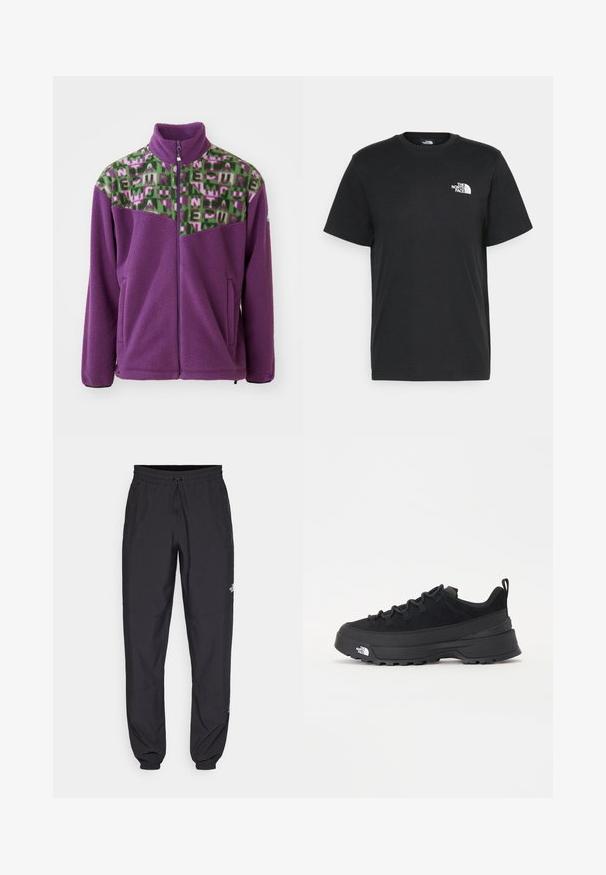 Chaqueta de forro polar en púrpura, con un yugo de patrón geométrico en verde y rosa. Incluye un cuello alto y cierre de cremallera en la parte frontal, con dos bolsillos laterales.; Camiseta de algodón negro con mangas cortas, cuello redondo y un pequeño logo blanco en el lado izquierdo del pecho. Diseño simple, textura suave y ajuste relajado.; Pantalones deportivos negros hechos de un tejido ligero, con una cinturilla ajustable, bolsillos laterales y puños ajustados en los tobillos.; Zapatilla negra de exterior con parte superior de ante, suela de goma texturizada y un sólido sistema de cordones. Cuenta con un talón reforzado y el logotipo de la marca en el lateral.