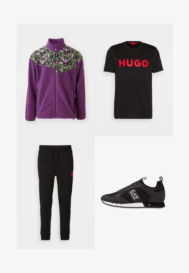 Casaco de fleece em roxo, com um yoke em padrão geométrico verde e rosa. Inclui um colarinho alto e fecho por zíper na frente, com dois bolsos laterais.; T-shirt de algodão preto com o texto "HUGO" em vermelho intenso na parte da frente, mangas curtas, decote redondo e um corte relaxado.; Calças de treino pretas feitas de um tecido macio, com cintura elástica ajustável, ajuste slim e um emblema vermelho na coxa esquerda.; EA7 Emporio Armani Sapatilhas - black/white