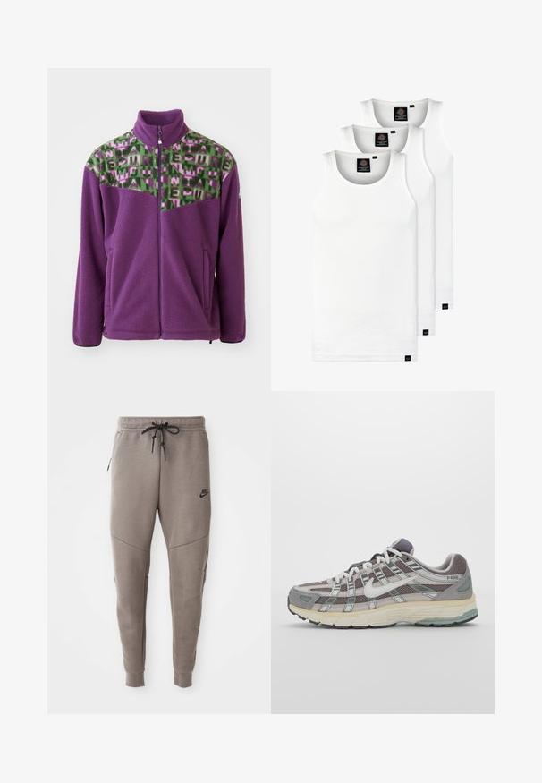 Lila polárdzseki, zöld és rózsaszín geometrikus mintázatú vállrésszel. Magas gallérral és cipzáras elejével rendelkezik, valamint két oldalsó zsebbel van ellátva.; Három fehér csíkos pamut trikó. Felső része kerek nyakkivágású, és a szegély közelében kis fekete címkék találhatók. Több méretben elérhető.; Szürke Nike melegítőnadrág húzózsinórral a deréknál, keskeny lábakkal, oldalsó zsebekkel és jellegzetes varrás részletekkel. Puha, texturált anyag.; Szürke sportcipő, hálós és velúr felsőrésszel, fehér részletekkel, párnázott talppal és jellegzetes dizájnnal, amely visszaverő elemeket tartalmaz.
