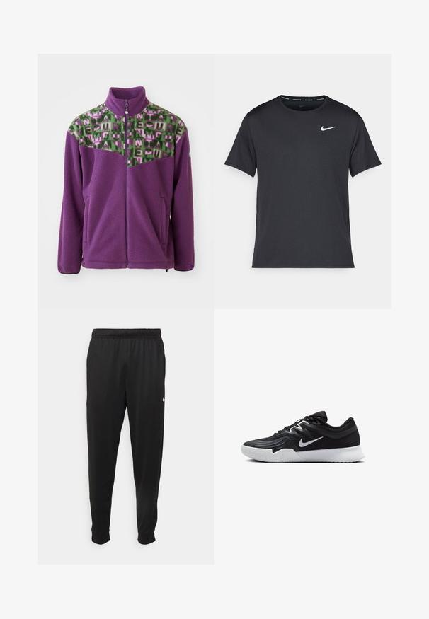 Flis jakna v vijolični barvi, ki ima yoke z zeleno in roza geometrijskim vzorcem. Vključuje visok ovratnik in zadrgo spredaj ter dva stranska žepa.; Črna tekaška majica Nike, izdelana iz lahkega in zračnega materiala, z kratkimi rokavi in majhnim belim logotipom na prsih.; Črne športne hlače iz gladkega materiala, z elastičnim pasom, zoženimi hlačnicami in majhnim belim logotipom na levi strani.; Črne atletske čevlje z teksturirano zgornjico, belim Nike znakom in belim gumijastim zunanjim podplatom. Imajo vezalni dizajn in dinamično obliko.