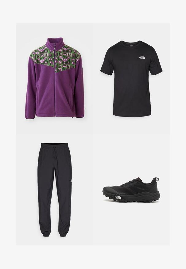 Casaco de fleece em roxo, com um yoke em padrão geométrico verde e rosa. Inclui um colarinho alto e fecho por zíper na frente, com dois bolsos laterais.; T-shirt preto de manga curta feito de algodão, com um decote redondo e um pequeno logótipo branco na parte superior esquerda do peito.; Calças atléticas pretas feitas de tecido leve, com um cós ajustável por cordão, bolsos laterais e punhos afunilados nos tornozelos.; Sapatilha de trail running preta com um upper texturizado, sola de borracha e biqueira reforçada. Possui um colarinho acolchoado e uma alça para facilitar o calçar.