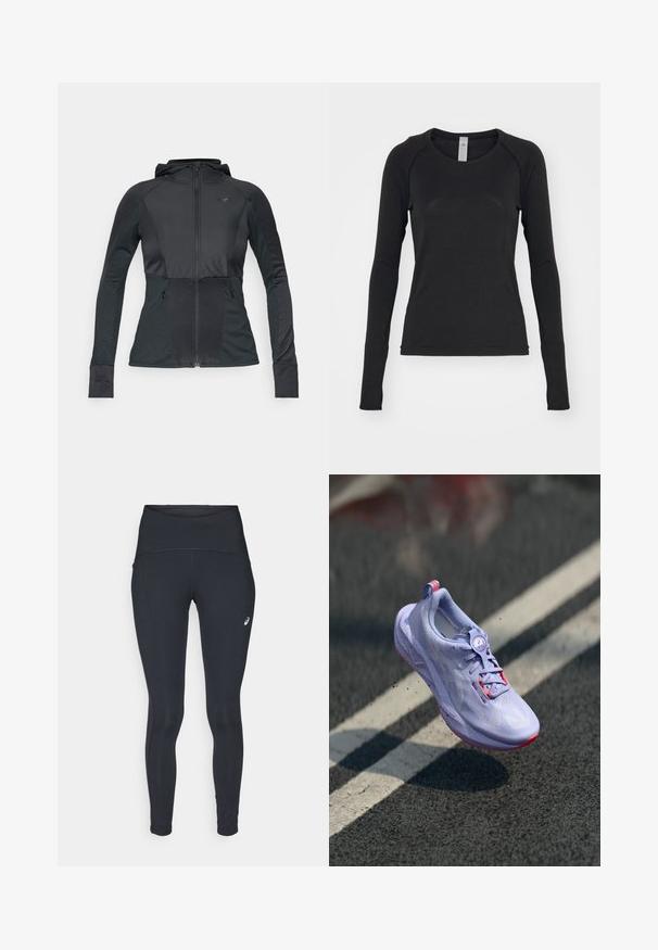 Sort atletisk jakke med lynlås foran, hætte, teksturerede paneler og to sidelommer. Har en tætsiddende design og kontrastbroderi.; Langærmet skjorte i sort, lavet af blødt stof. Har rund hals og raglanærmer med tommelfingerhuller ved manchetterne. Minimalistisk design.; ASICS ROAD HIGH WAIST - Vinter-tights - performance black; Lys lilla løbesko med en tekstureret overdel, pink accenter, en rund snøringsmekanisme og en plettet sål, hævet over en belægning som baggrund.