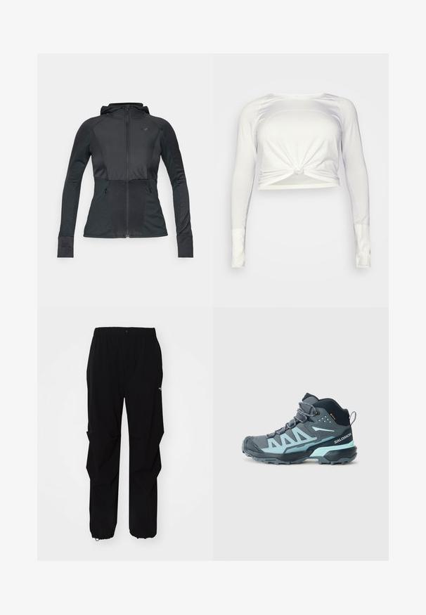Giacca sportiva nera con zip frontale, cappuccio, pannelli testurizzati e due tasche laterali. Caratterizzata da un design aderente e cuciture in contrasto.; lululemon SWIFTLY TECH LONG SLEEVE - Maglietta a manica lunga - white/white; Pantaloni neri da esterno realizzati in materiale resistente, con vestibilità rilassata, cintura elastica e polsini regolabili per lunghezza adattabile.; Scarpa da trekking a metà altezza di colore grigio scuro con accenti azzurri. Presenta una tomaia testurizzata, punta rinforzata e una suola robusta per garantire aderenza.