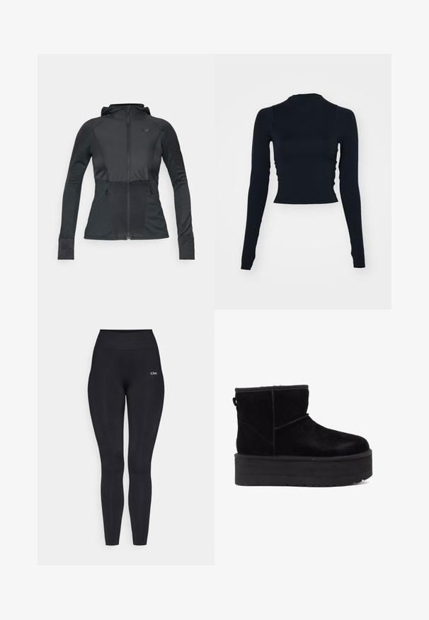 Giacca sportiva nera con zip frontale, cappuccio, pannelli testurizzati e due tasche laterali. Caratterizzata da un design aderente e cuciture in contrasto.; Top cropped nero a maniche lunghe con scollatura alta. Realizzato in un materiale liscio e aderente senza motivi o dettagli visibili.; Leggings neri con vita alta, realizzati in un tessuto liscio e elastico. Presentano un piccolo dettaglio con logo vicino alla vita.; Stivaletti alla caviglia in suede nero con una suola piatta robusta e un rivestimento morbido. Finiti con dettagli di cucitura e una linguetta posteriore per indossarli facilmente.