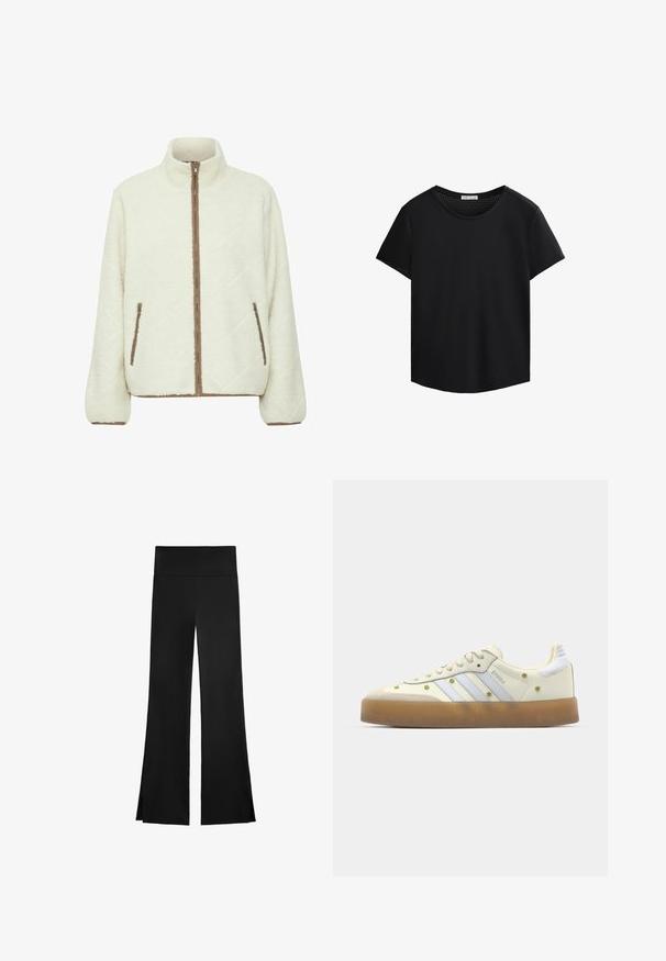Giacca in pile color crema con colletto alto, zip intera, motivo a quadri diagonali e dettagli in cerniera marroni su tasche e polsini.; Maglietta nera a maniche corte con scollo rotondo e dettagli in rete forata sulle spalle. Tessuto morbido, vestibilità comoda, orlo curvo.; Pantaloni neri con una linea a gamba larga, dotati di una vita alta e fessure laterali per facilitare il movimento. Realizzati in un tessuto morbido ed elasticizzato.; Sneakers crema con strisce azzurre chiaro, suola in gomma e decorazioni di fiori gialli sulla parte superiore. Design a punta arrotondata.