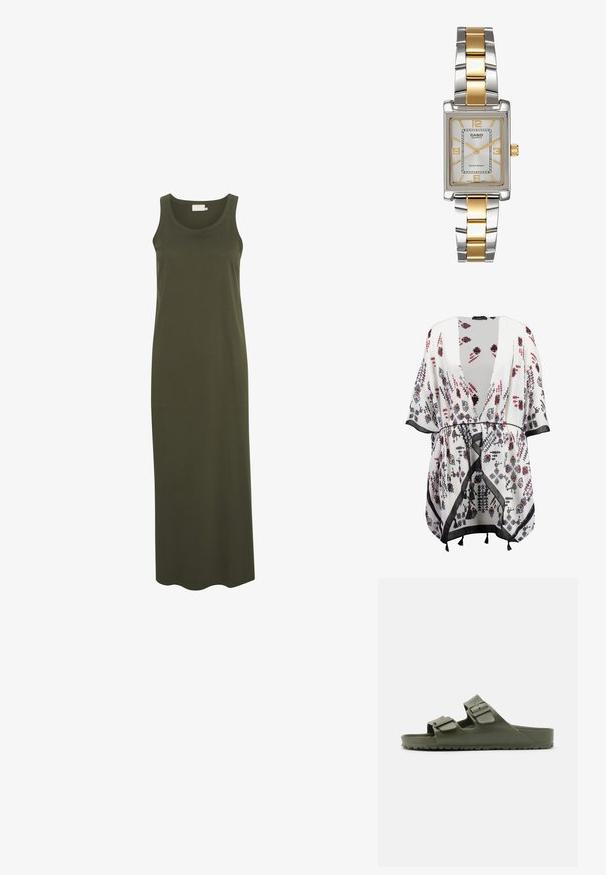 Biały kimono z kwiatowymi wzorami w kolorze czarnym, czerwonym i niebieskim, z otwartym przodem, szerokimi rękawami oraz czarnym wykończeniem z frędzlami.; Długa, bezrękawna sukienka z gładkiego, ciemnozielonego bawełny o okrągłym dekolcie i prostym, swobodnym kroju.; Zielone sandały z dwoma regulowanymi klamrami, wykonane z wytrzymałego materiału. Posiadają teksturowaną wkładkę i wzorzystą gumową podeszwę dla lepszej przyczepności.; Zegarek kwarcowy Casio z prostokątną srebrną tarczą, złotymi akcentami oraz dwukolorową bransoletą metalową w srebrnym i złotym kolorze. Wodoszczelny.