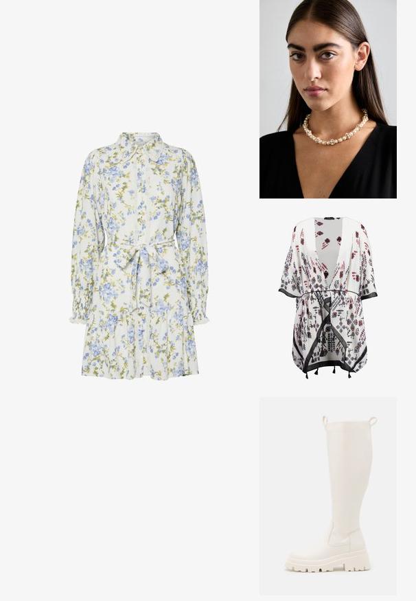 Kimono bianco con motivo floreale in nero, rosso e blu, con apertura frontale, maniche ampie e rifiniture nere con dettagli a frange.; Vestito floreale bianco con fiori blu e verdi, caratterizzato da un colletto, apertura frontale con bottoni, maniche lunghe con polsini elastici e una cintura in vita.; Stivali di gomma bianchi al ginocchio con suola spessa e pannelli elastici laterali. Presentano maniglie superiori per una calzata più facile. Texture liscia.; Borsa a tracolla beige con un motivo stampato, forma curvata, dettagli in pelle e un logo dorato sul davanti. Presenta una maniglia corta per un facile trasporto.; Collana di perle e cristalli con un design rotondo a perline in tonalità tenui, caratterizzata da perle alternate e accenti scintillanti, indossata attorno al collo.