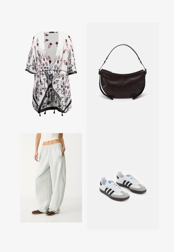 Biely kimono s kvetinovými vzormi v čiernej, červenej a modrej farbe, s otvoreným predným dielom, širokými rukávmi a čiernym lemovaním s strapcovými akcentmi.; Biely rebrovaný crop top s vysokým výstrihom a bez ramienok. Vyrobený z mäkkej, elastickej látky pre pohodlné nosenie.; Svetlo šedé tepláky s elastickým pásom, bočnými vreckami a voľným strihom. Vyrobené z mäkkej, textúrovanej látky; s jemnými švami.; Športové topánky s bielym koženým zvrškom, šedou semišovou špičkou a tromi čiernymi pruhmi. Obsahujú modré logo na jazyku a štruktúrovanú gumovú podrážku.; Tmavohnedá kožená taška cez plece s zakriveným tvarom, hladkou textúrou a jedným nastaviteľným popruhom. Obsahuje zips.