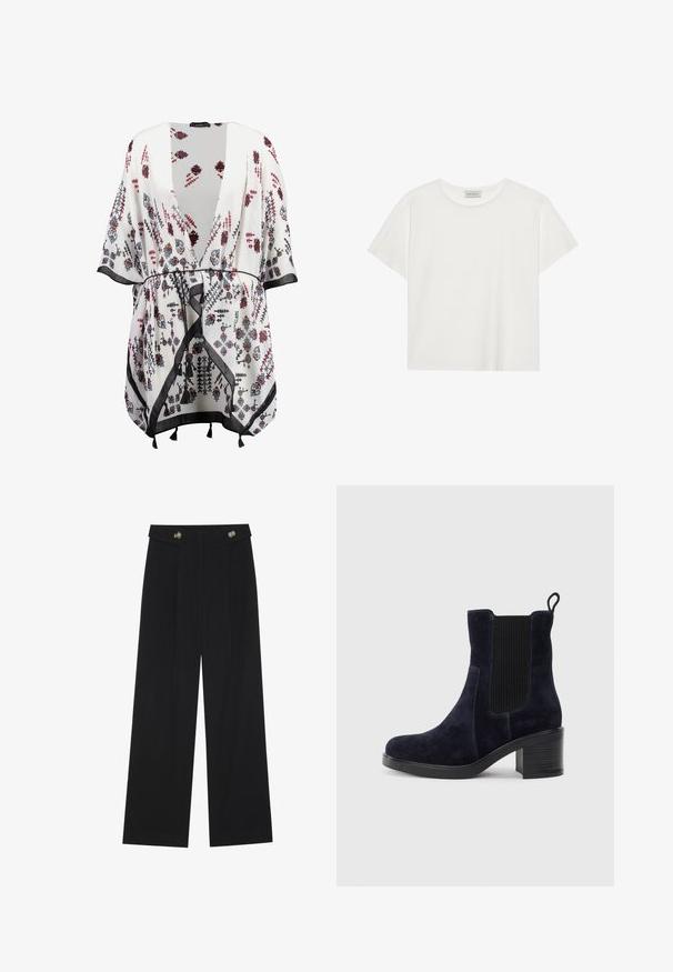 White kimono with floral patterns in black, red, and blue, featuring an open front, wide sleeves, and a black trim with tassel accents.; White short-sleeve T-shirt made of soft cotton. Features a round neckline and relaxed fit. Clean design with no visible patterns or accents.; Black wide-leg trousers with high waist, button details on waistband, and front pleats.; Navy blue suede ankle boot with elastic side panel, rounded toe, and block heel. Textured fabric and smooth sole add contrast.