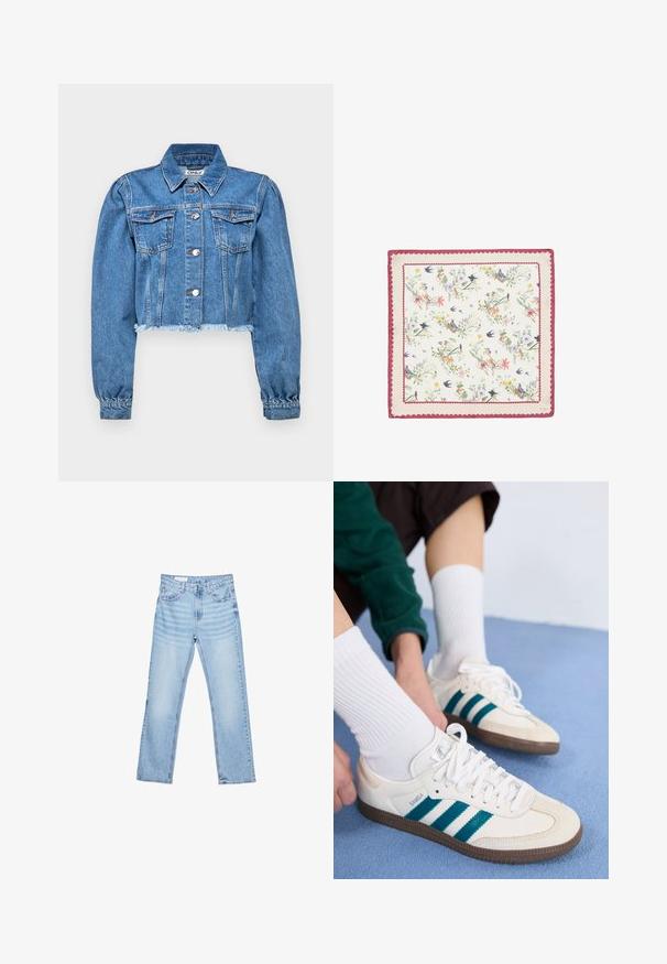 Vaatehännäisit denim-takki vaaleansinisena, jossa on kaksi rintataskua, hopeiset napit ja hihansuut käännettynä, yhdessä risatun helman kanssa.; Valkoinen pitkähihaista paitakankaan tehtyä puuvillaa. Ominaisuuksiin kuuluu nappitasku edessä, terävä kaulus ja vasemmalla puolella rintatasku.; Vaaleansiniset farkut suoran leikkauksen, viiden taskun muotoilun ja näkyvän ompelun kanssa. Keskikorkea vyötärö, jossa on perinteinen nappi- ja vetoketjukiinnitys.; Valkoiset urheilukengät, joissa on teal-väriset raidat, teksturoitu päällinen ja ruskeat kumipohjat. Yhdistetty valkoisten raidoitettujen sukkien kanssa.; Neliö silkkihuivi, jossa on pastellisävyinen kukka- ja lintokuvaus, jota reunustaa vaaleanpunainen aaltoileva reuna. Pehmeä rakenne ja kevyt.