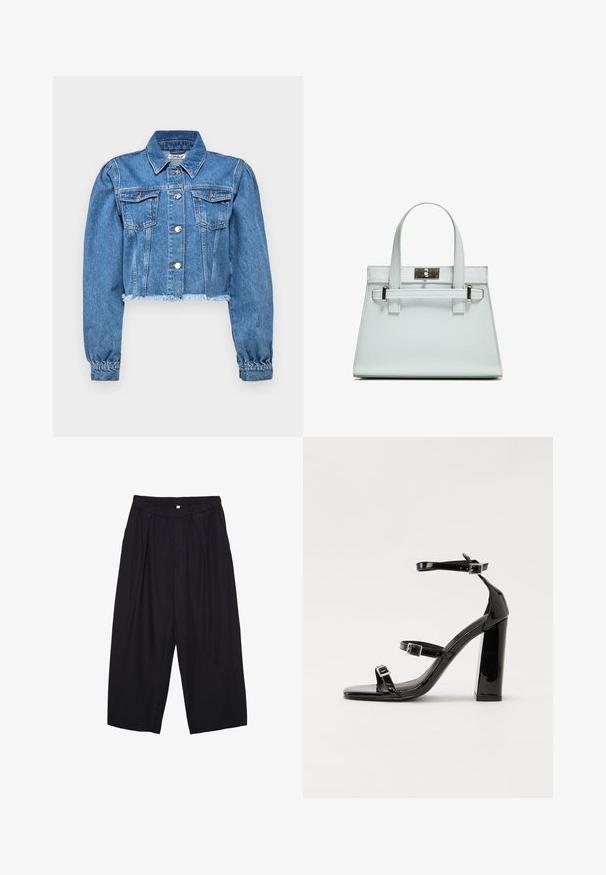 Kratka jeans suknja v svetlo modri barvi, ki ima dve prsni žepki, srebrne gumbe in manšete z raztrganim robom.; Bela dolga majica s dolgimi rokavi iz rebraste tkanine, ki ima okroglo ovratnico in ravno rob. Preprost, enobarven dizajn.; Črne poliesterske culotte hlače z elastičnim pasom, dvema sprednjima nabiranjema in ohlapnim krojem. Brez vidnih vzorcev ali kovinskih detajlov.; Črne lakirane sandale s peto, kvadratnim prstom, trakovi okrog gležnja in srebrnimi zaponkami. Opremljene so s stabilno Debelo peto.; Svetlo modra torbica z oblikovano zasnovo, dvema ročkama in kljuko iz srebrno-toniranega materiala. Teksturni material in ostri koti.