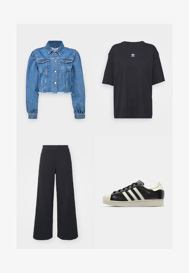 Jachetă din denim croppată, de culoare albastru deschis, având două buzunare pe piept, nasturi argintii și mâneci cu manșete și tiv desfăcut.; Tricou din bumbac negru cu mâneci scurte, gât rotund, prezentând un logo Adidas alb pe piept. Design simplu, croi lejer.; Pantaloni de trening negri, cu picioare largi, confecționați dintr-un material moale, având un talie elastică și un logo mic pe partea stângă.; Sneaker din piele neagră cu dungi albe, vârf din cauciuc, șireturi negre și talpă de culoare crem. Textură netedă cu finisaj strălucitor.
