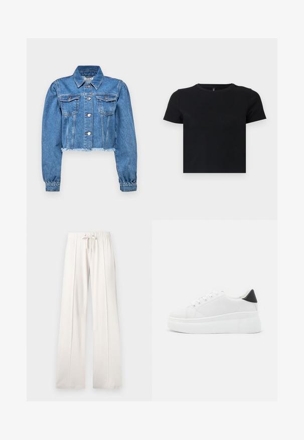 Világoskék, rövidített farmerdzseki, két mellzsebbel, ezüstszínű gombokkal és meghajtott ujjakkal, amelynek széle kopott.; Fekete, rövid ujjú póló, puha pamutból készült. Kerek nyakkivágással és testhezálló kialakítással rendelkezik. Sima textúra, minta vagy díszítések nélkül.; Világos bézs színű, puha anyagból készült melegítőnadrág, állítható derékkal, széles lábakkal és függőleges varratokkal, sima felülettel.; Fehér platform sportcipők sima szintetikus anyagból, lekerekített orral, fűzős kialakítással és texturált gumitalppal. Fekete sarokdísz.