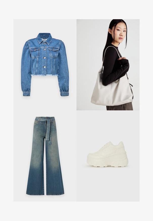 Cropped denim jacket in light blue, featuring two chest pockets, silver buttons, and cuffed sleeves with a frayed hem.; Black short-sleeve t-shirt made from soft cotton. Features a round neckline and a fitted design. Smooth texture without patterns or accents.; Wide-leg denim trousers featuring a light to dark blue gradient, high waist, belt loops, and a matching fabric belt. Textured denim finish.; White platform sneakers featuring a smooth leather-like upper, rounded shape, padded collar, and textured rubber sole with defined treads.; Beige handbag made of soft material, featuring a slouchy design, stitched detailing, and two shoulder straps. Suitable for everyday use.