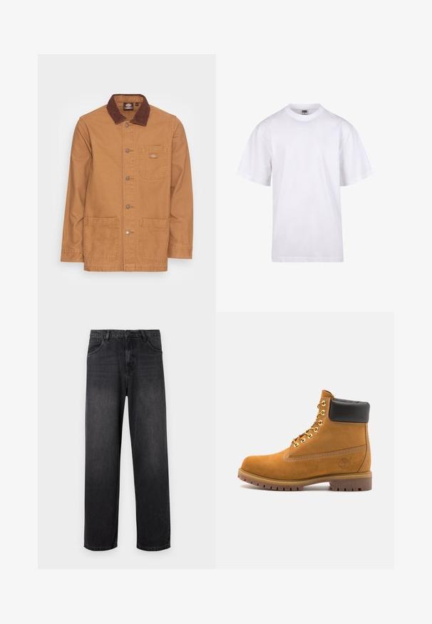 Beige Jacke mit einem braunen Cordkragen. Verfügt über silberne Knöpfe, eine Brusttasche und zwei Fronttaschen. Robuster Stoff und schlichtes Design.; Weißes Baumwoll-T-Shirt mit Rundhalsausschnitt, kurzen Ärmeln und lockerer Passform. Hat ein schlichtes Design ohne Muster oder Akzente.; Dunkelgraue Denim-Jeans mit geradem Bein, ausgestattet mit einem Reißverschluss, fünf Taschen und subtilen Verblassungen auf dem Stoff.; Beige Wildleder-Ankle-Boot mit schwarzem gepolstertem Kragen, goldenen Metallösen, weißen Nähdetalben und einer robusten Gummisohle mit ausgeprägtem Profil.