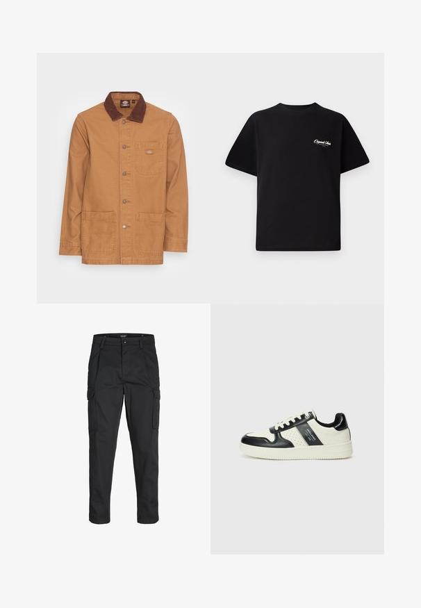 Tan jas met een bruine ribfluwelen kraag. Voorzien van zilveren knopen, een borstzak en twee voorzakken. Duurzaam materiaal en eenvoudig ontwerp.; Zwarte katoenen t-shirt met een ronde hals, korte mouwen en kleine witte logo-tekst op de linkerkant van de borst. Eenvoudig ontwerp, klassieke pasvorm.; Zwarte cargobroek van stevig stof, met meerdere zakken, een knoopsluiting en een slim fit ontwerp met taps toelopende benen.; Leren sneakers met een zwart en crèmekleurig kleurenschema, voorzien van geperforeerde accenten, een gevoerde kraag en een gestructureerde buitenzool.
