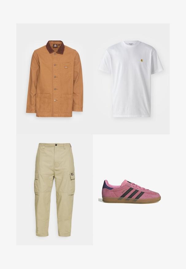 Tan jakke med krage i brunt cordfløyel. Har sølvknapper, en brystlomme og to frontlommer. Holdbart stoff og enkel design.; Hvit bomull t-skjorte med korte ermer, rund hals, med en liten gulllogo på venstre brystområde. Myk tekstur og vanlig passform.; Beige cargobukser laget av slitesterk stoff, med to sidelommer, knappelukking, og smale ben med en jevn tekstur.; Rosa semskesko med svarte striper, gummisåle og teksturert lilla hæl. Har en snøringdesign og preget merkevare på siden.
