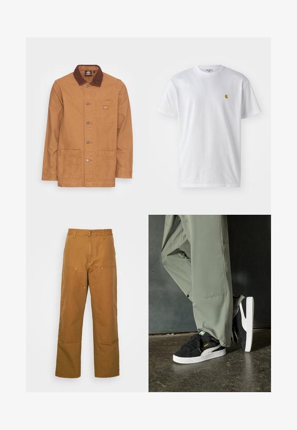 Beige Jacke mit einem braunen Cordkragen. Verfügt über silberne Knöpfe, eine Brusttasche und zwei Fronttaschen. Robuster Stoff und schlichtes Design.; Weißes Baumwoll-T-Shirt mit kurzen Ärmeln, Rundhalsausschnitt, mit einem kleinen goldenen Logo im linken Brustbereich. Weicher Stoff und normale Passform.; Braune Baumwoll-Arbeitshosen mit geradem Bein, die über Vordertaschen und Metallakzente für zusätzliche Strapazierfähigkeit verfügen.; Schwarze Wildleder-Sneaker mit weißen Gummisohlen und seitlichen Streifen, kombiniert mit hellgrünen Cargo-Hosen, stehen auf einer strukturierten dunklen Oberfläche.