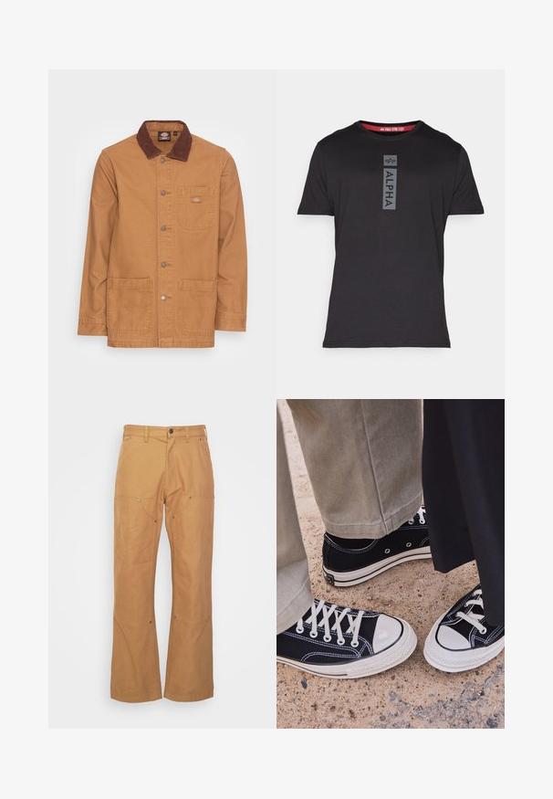 Vaaleanruskea takki, jossa on ruskea corduroy-kaulus. Varustettu hopeisilla nappeilla, rintataskulla ja kahdella etutaskulla. Kestävä kangas ja yksinkertainen muotoilu.; Mustat lyhyet hihaiset t-paidat, jotka on valmistettu sileästä kankaasta, etuosassa pystysuora "ALPHA" -logo harmaana punaisten tehosteiden kera kaula-aukossa.; Vaaleat cargo-housut, jotka on valmistettu kestävästä kankaasta, sisältävät sivutaskut, metalliset yksityiskohdat, suoran lahkeen leikkauksen ja normaalikorkean vyötärön.; Mustat kangaskengät valkoisilla kumitossuilla ja nauhoilla. Kontrastiväriset ompeleet ja metalliset silmukat tuovat yksityiskohtia. Yhdistetty vaaleanbeigeihin housuihin ja mustaan kankaaseen.