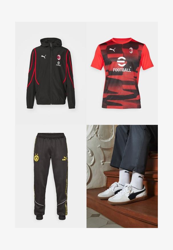 Chaqueta negra con cremallera y capucha, detalles en rojo y franjas laterales, con un logo en el pecho. Está fabricada con material ligero y tiene puños elásticos.; Camiseta de fútbol de manga corta roja y negra con un patrón de olas, que presenta un cuello redondo, el logo de Puma y el logo del club en el pecho.; Pantalones deportivos negros con los logotipos amarillos de Borussia Dortmund BVB 09 y Puma King, banda elástica en la cintura y rayas laterales amarillas con un diseño.; Zapatillas Puma en gamuza blanca y negra, con una suela de goma marrón. Combinadas con calcetines blancos que muestran un logo negro, llevados con pantalones oscuros.